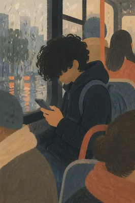 Teen Student Browsing Phone on Rainy Transit