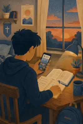 Teen Student Using Phone at Desk
