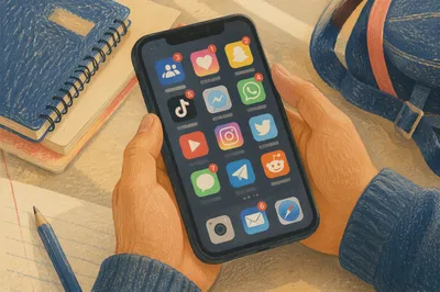 Teen Student Checking Social Media at Desk