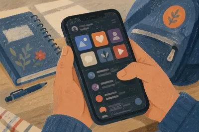 Teen Student Scrolling Social Media at Desk