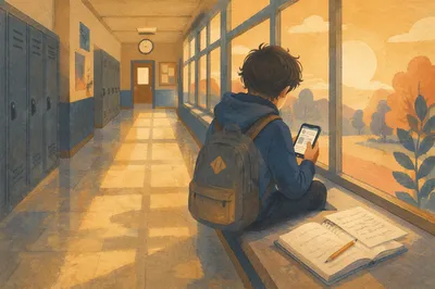 Teen Student Reflecting with Phone After Class