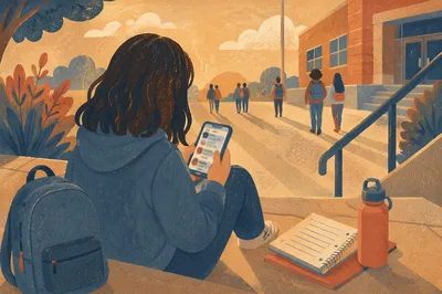 Teen Student Using Phone After Class