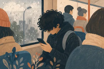 Teen Student Browsing Phone on Rainy Bus