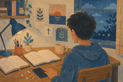 Teen Student Reflecting Beside Screen Down Phone