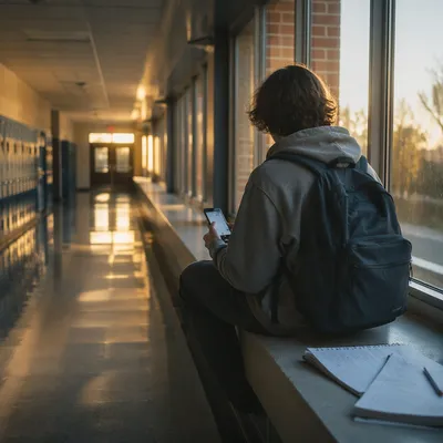 Teen Student on Hallway Windowsill with Phone