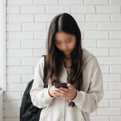 Teen Student Checking Phone by White Wall