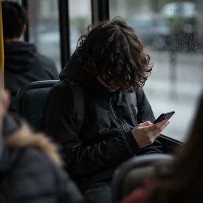 Teen Student Browsing Phone on Rainy Bus
