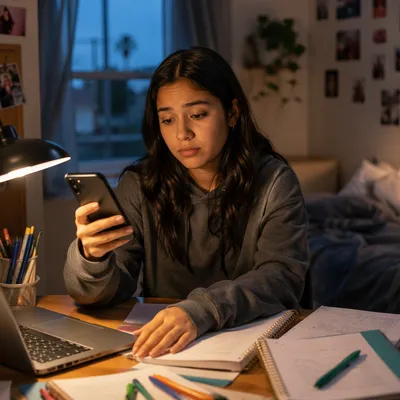 Teen Student Distracted by Phone at Desk
