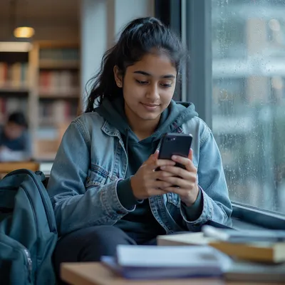 Thoughtful Teen Student Using Phone in Library