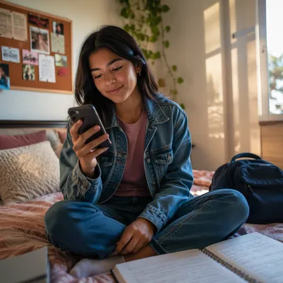 Teenage Student Using Smartphone on Bed
