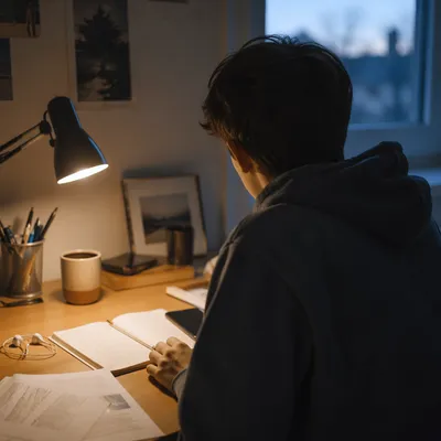 Teen Student Reflecting Beside Silent Phone