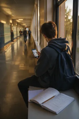 Teen Student Reflecting with Phone After Class