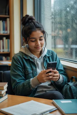 Teen Girl Using Phone in Library
