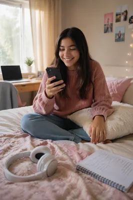 Teen Girl Smiling at Phone on Bed