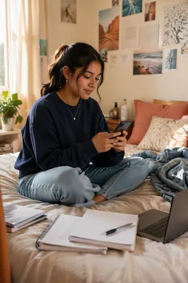 Teen Student Using Smartphone on Bed