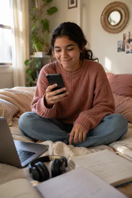 Teen Girl Using Smartphone on Bed