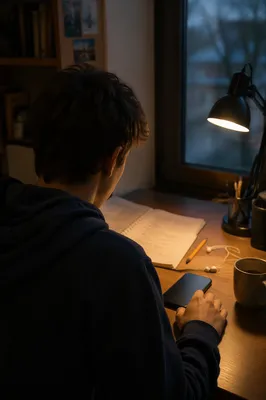 Teen Student Reflecting Beside Smartphone