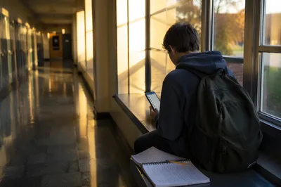 Teen Student Reflecting with Phone After Class