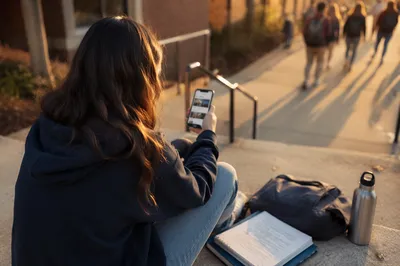 Teen Student on School Steps with Phone