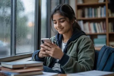 Teen Girl Using Phone in Library