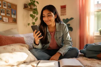 Teen Student Using Smartphone on Bed