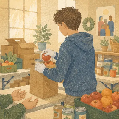 Teen Volunteer Serving at Church Food Bank