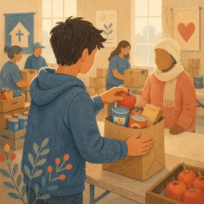 Teen Volunteer Serving at Church Food Bank