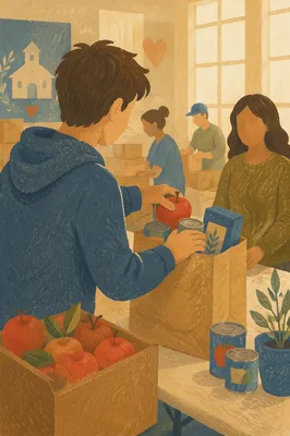 Teen Volunteer Serving at Church Food Bank