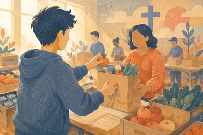 Teen Volunteer Serving at Church Food Bank