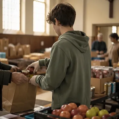 Teen Volunteer Serving at Church Food Bank