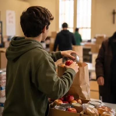 Teen Volunteer Serving at Church Food Bank