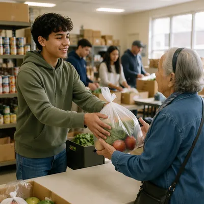 Teen Volunteer Serving Produce to Senior