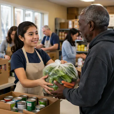 Teen Volunteer Serving Vegetables to Senior