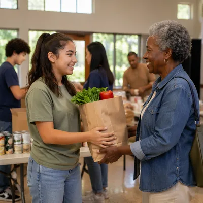 Teen Volunteer Giving Grocery Bag Indoors