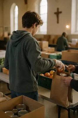 Teen Volunteer Serving at Church Food Bank