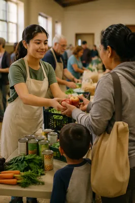 Teen Volunteer Serving Produce at Food Pantry