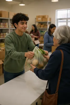 Teen Volunteer Serving Produce at Food Pantry