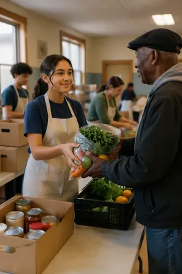 Teen Volunteer Serving Vegetables at Food Pantry