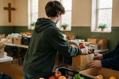 Teen Volunteer Serving at Church Food Bank