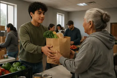 Teen Volunteer Serving Groceries to Senior