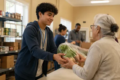 Teen Volunteer Serving Produce to Senior