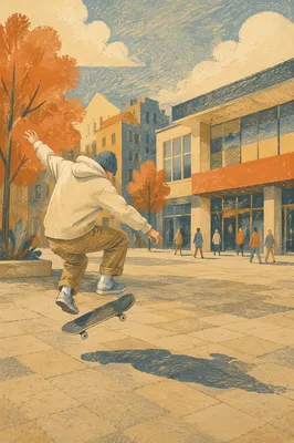 Teen Skateboard Trick in Warm City Light