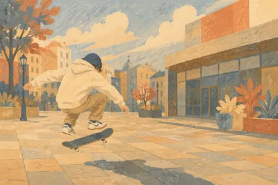 Teen Skateboard Trick in City Square
