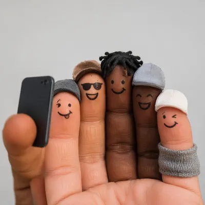Playful Diverse Fingertip Friends Selfie Portrait