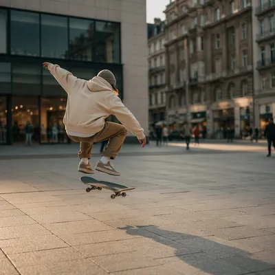 Teen Skateboard Trick in Warm City Light