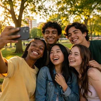 Diverse Teenagers Taking Selfie at Golden Hour