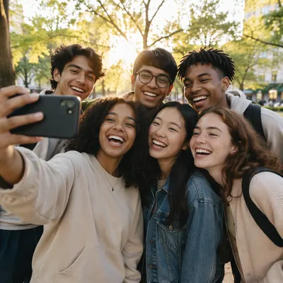 Diverse Teenagers Laughing in Park Selfie