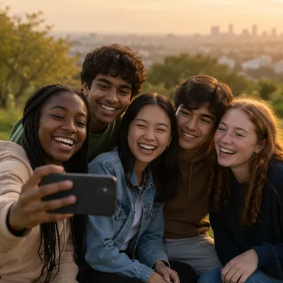 Diverse Teen Friends Taking Golden Hour Selfie