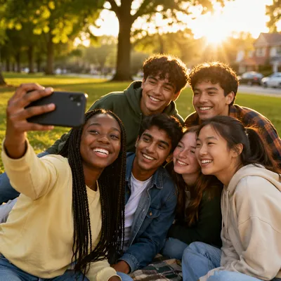 Diverse Teenagers Taking Selfie at Golden Hour