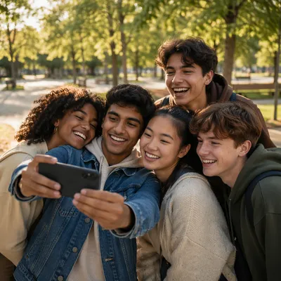 Diverse Teen Friends Taking Sunny Park Selfie